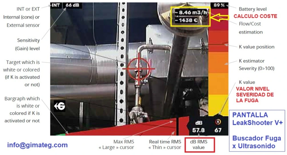 pantalla busca fugas por ultrasonido con calculo coste y foto leakshooter