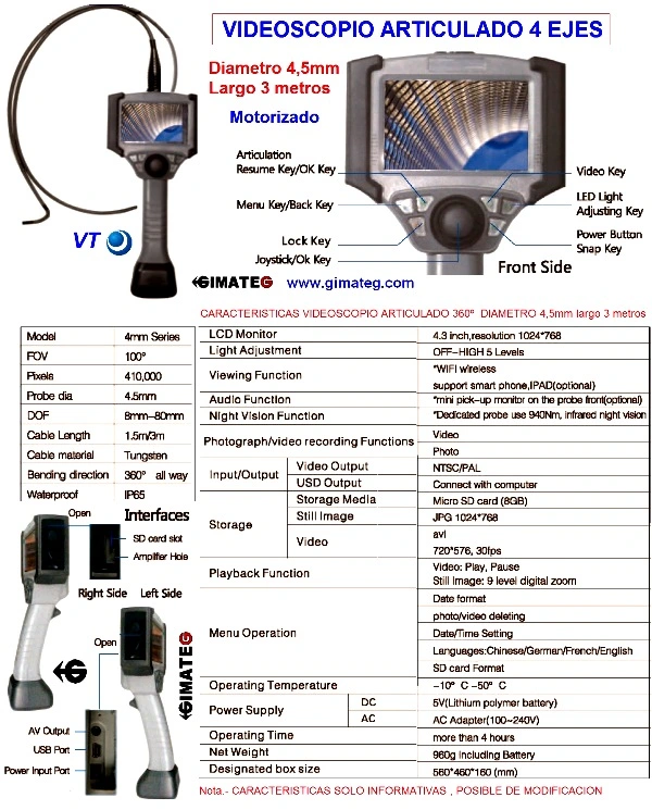 datos tecnicos videoscopio articulado DV