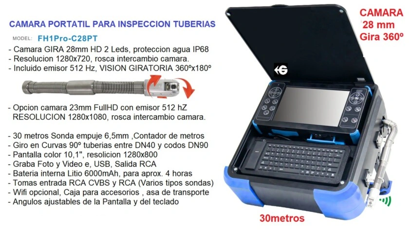 camara PORTATIL giratoria 360º 28mm x30metros FH1pro tubos GimateG